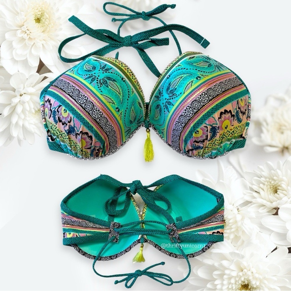 NWOT Shade & Shore 36DD Push Up Halter Bikini Top RN#64664 Women Teal Paisley